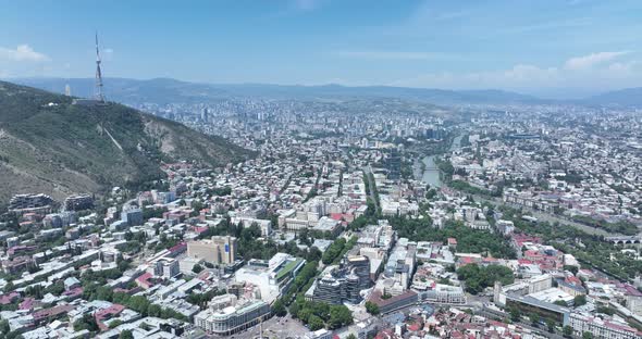 Aerial view of center of Tbilisi under Mount Mtatsminda. Georgia 2022