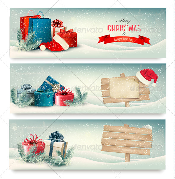Christmas Winter Banners with Presents. Vector.