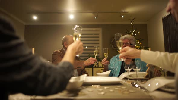 Happy Senior Couples Cheering on Christmas Table