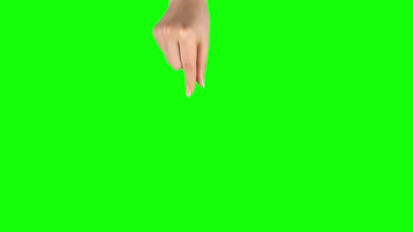 Female Hand Is Performing Double Swipe Down at Tablet Screen Gesture on Green Screen. Close Up
