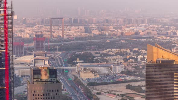 Aerial View to Financial and Zabeel District Timelapse with Traffic and Under Construction Building