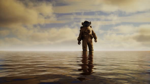 Spaceman in the Sea Under Clouds at Sunset alt