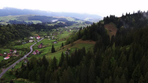 Ukraine, Carpathian Mountains: Village in the Mountains. Aerial