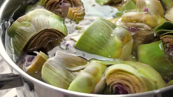 Boiling Artichokes in Saucepan