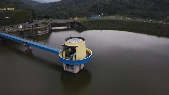 Aerial view of the Sermo reservoir in the late afternoon, the largest reservoir in Yogyakarta and th