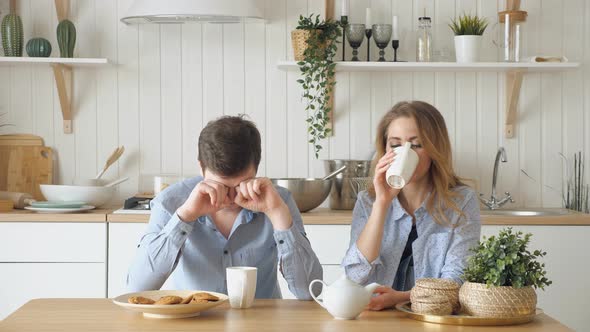 Sad Couple Girl Guy Have Breakfast Drinking Tea Silently