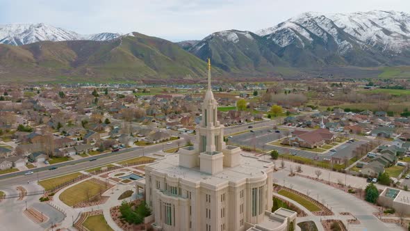 Beautiful Aerial towards LDS Mormon Payson Utah Temple