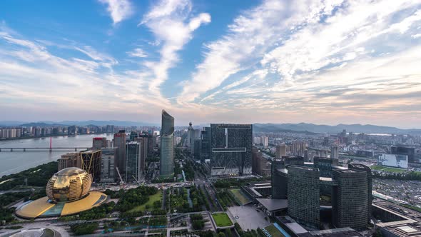 Timelapse of city skyline from day to night in hangzhou china