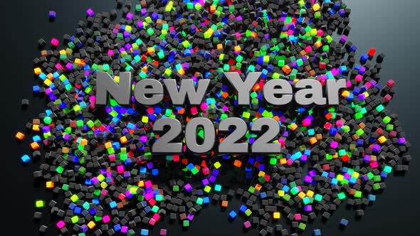 3D New Year's Looped Background with Inscription New Year and Garland Cubes Scattered on Plane Light