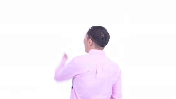 Rear View of Happy Japanese Businessman Pointing Finger and Looking Excited