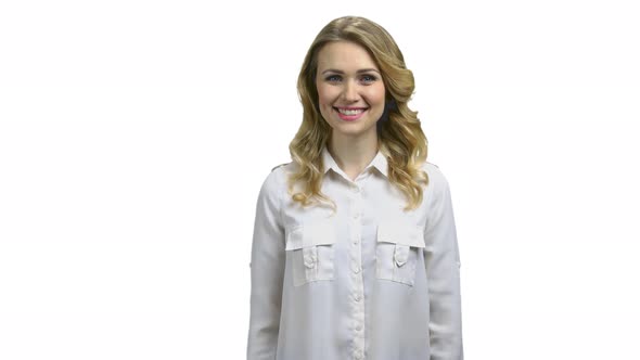 Smiling Business Woman Showing Thumb Up on White Background