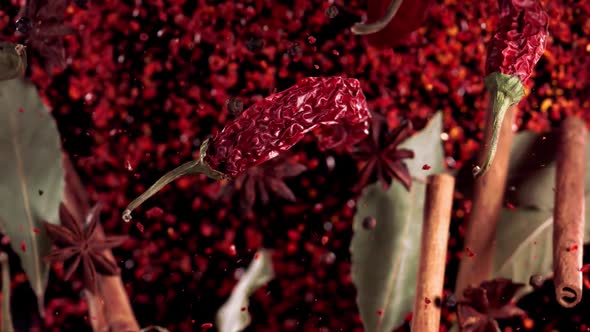 Super Slow Motion Shot of Flying Mix Spices in Black Background