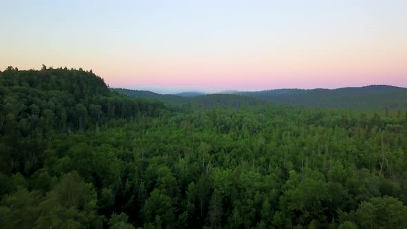 Aerial scenic view flying low over a forest at sunrise