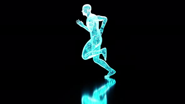 neon human figure running isolated on black, 3D holographic running man animation, loop