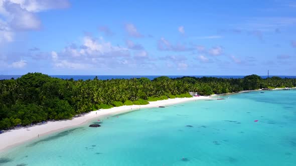 Aerial drone travel of island beach trip by clear sea and sand background