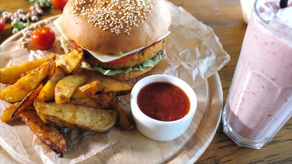 Crispy Rustic Potatoes with Hamburger on Wooden Board. Fast Food Concept.