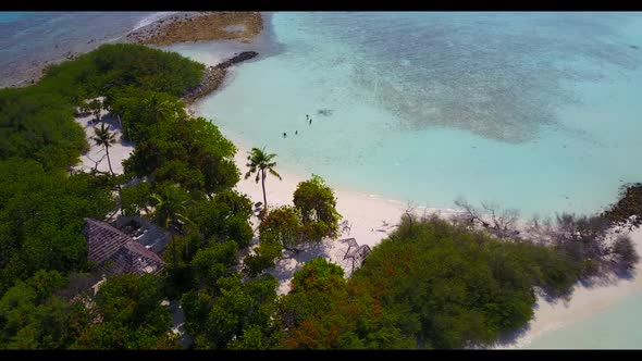 Aerial travel of perfect shore beach vacation by turquoise sea with white sand background of a dayou