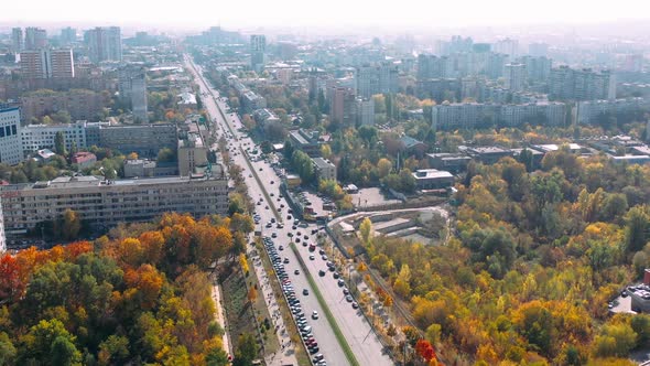 Top View of Heavy Traffic on Science Avenue in the City of Kharkov, Ukraine. Aerial Shot in Sunny