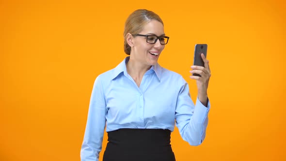 Surprised Attractive Woman Formal Suit Holding Smartphone and Dollars, Banking