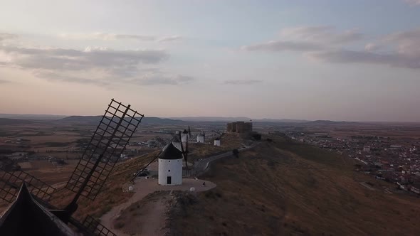 Windmills on Hill at Sunset in Consuegra Mancha Spain