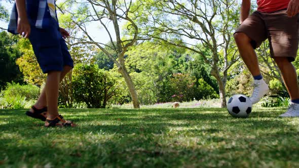 Father and son playing football in park 4k