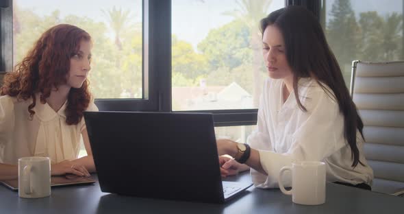 Two women having a business meeting, working on a laptop at the office.