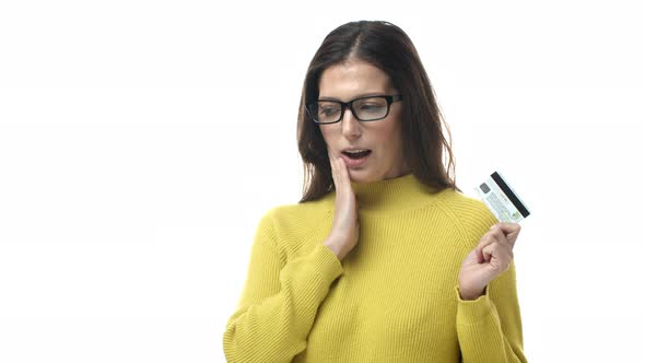 Slowmotion Cheerful Adult Middleaged Woman in Glasses Got Payment Receive Paycheck and Smiling