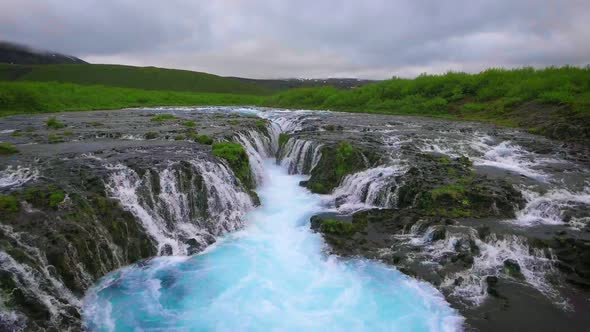 Drone Aerial View of Bruarfoss Waterfall in Brekkuskogur Iceland