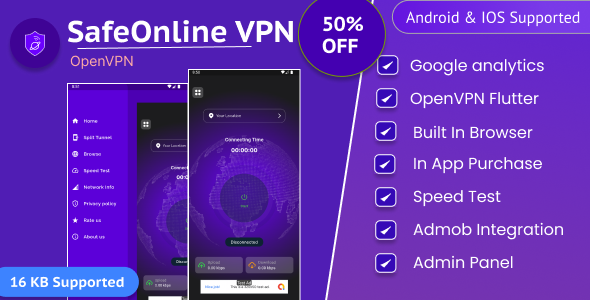 SafeOnline OpenVPN Flutter App with Admin Panel, Admob and Browser