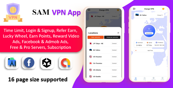 SAM VPN App - Secure VPN and Fast Servers VPN  | Reward Video Ads | Subscription | Admob & FB Ads