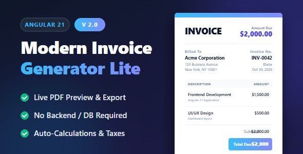 Modern Invoice Generator Lite - Angular 21 App