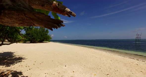 Tropical birds eye abstract shot of a sunshine white sandy paradise beach and aqua blue ocean backgr