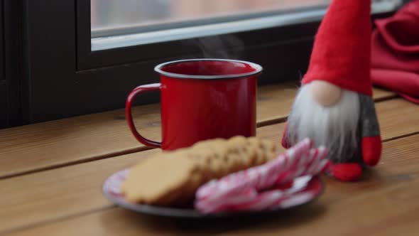 Christmas Gnome Coffee and Cookies on Window Sill