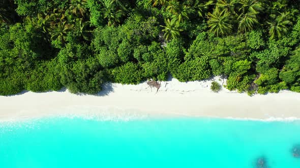 Wide birds eye abstract shot of a white paradise beach and aqua blue ocean background in colorful 4K