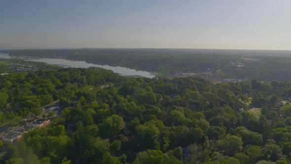 Lowering Aerial Shot of Roslyn Long Island on a Sunny Day