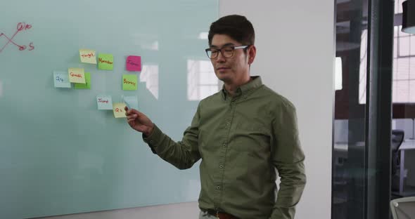 Smartly dressed asian businessman removing sticky note from glass wall looking to camera smiling