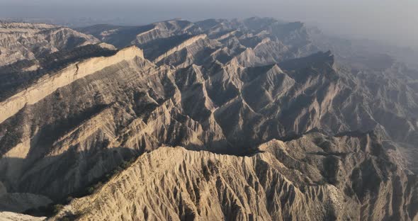 Aerial view of beautiful textures and hills in Vashlovani national park. Gorgeous place in Georgia.