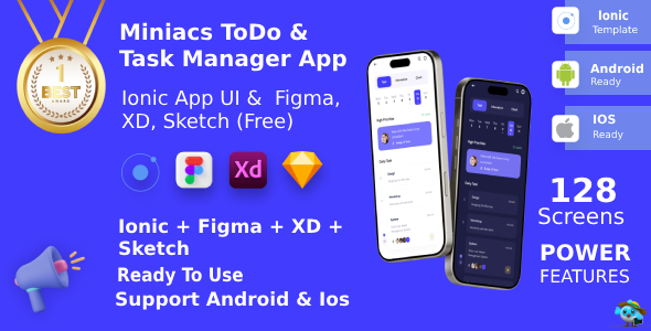 ToDo & Task Manager App ANDROID + IOS + FIGMA + XD + Sketch | UI Kit | Ionic | Miniacs