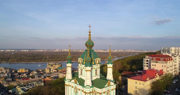 Aerial view Kyiv St Andrews Church at beautiful sunset