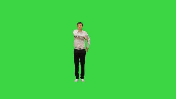 Young Office Man Dancing Locking on a Green Screen, Chroma Key