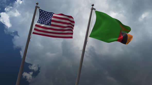 Waving Flags Of The United States And The Zambia 4K