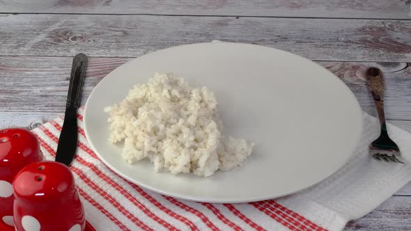 Serving White Plate with Freshly Preparation Rise Fried Mexican Mix and Chicken Steak