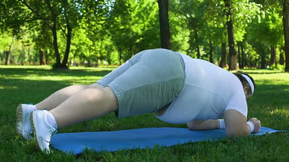 Obese Man Doing Plank in Park, Weight Loss Program, Strong Will, Motivation