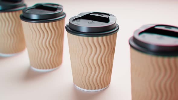 Seamless looping animation of assorted paper cups. Disposable cups for coffee.