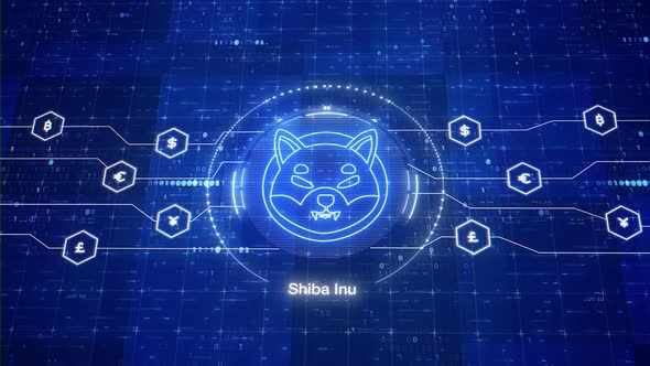 Shiba Inu token animated logo. SHIB cryptocurrency meme coin. Shiba token in digital world.