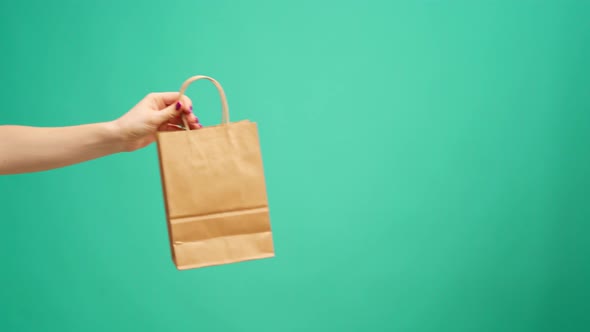 Courier in Gloves Passing Craft Shopping Bag with Delivery Against Mint Background