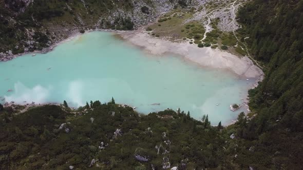 Lago di Sorapis in Italy seen from drone