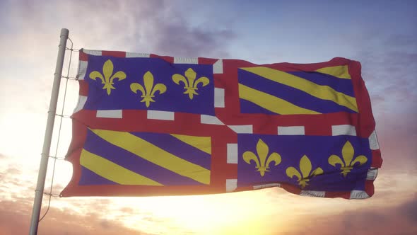 Bourgogne Flag France Waving in the Wind Sky and Sun Background