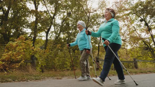 Smiling Elderly Women with Trekking Poles Walk in Nature