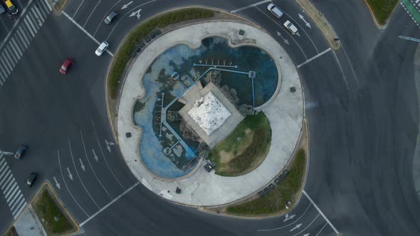 Aerial top down shot rising over Monument of the Spanish in Buenos Aires at dusk